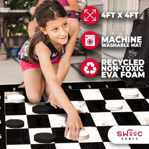 Vista 4 de Swooc Juegos - Juego gigante de ajedrez, damas y ajedrez 3 en 1 con alfombrilla (4 x 4 pies), lona lavable a máquina y discos de espuma grandes de 5