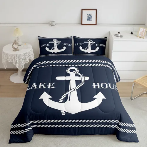 Vista 5 de Juego de edredón Lake Home Camper tamaño King, juego de ropa de cama náutica con ancla para niños, niñas, niños, adultos, decoración de dormitorio