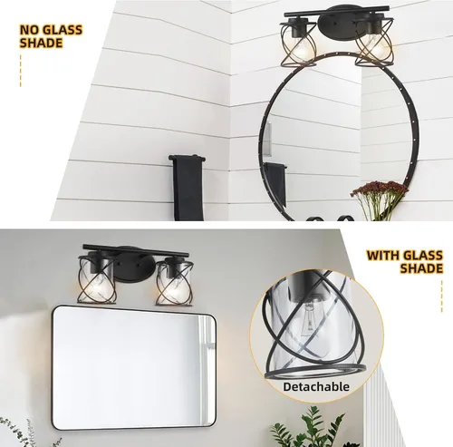 Vista 2 de mavcadonf Luces de Tocador de 2 Luces, Accesorios de Iluminación para Baño Sobre Espejo, Luz de Tocador Negro Mate, Luces de Pared Estilo Granja