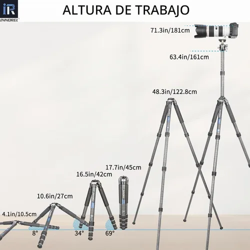 Vista 6 de Trípode de fibra de carbono-INNOREL CT75C - Trípode de viaje portátil profesional compacto para cámara de video digital DSLR, carga de 44.1 lb/20