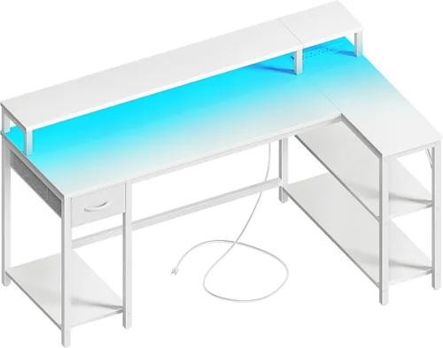 Vista 10 de SUPERJARE Escritorio reversible en forma de L de 47 pulgadas con luces LED y tomas de corriente, escritorio para computadora con estantes y soporte