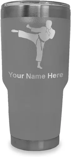 Vista 39 de LaserGram Vaso aislado al vacío de 20 onzas, Karate Man, grabado personalizado incluido (negro) Engraved Gift, Vacuum Insulated Stainless Steel