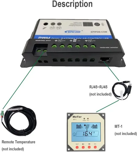 Vista 4 de EPEVER Medidor MT-1 remoto con pantalla LCD para controlador de carga solar EPIPDB-COM Serie 10A/20A Sistema de carga de panel solar de doble batería