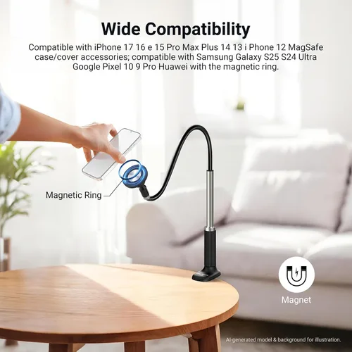 Vista 3 de NEEWER Basics - Soporte magnético para teléfono para escritorio, mesa superior de 360°, soporte para teléfono celular, soporte de abrazadera