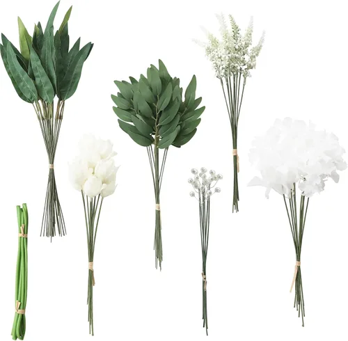 Vista 18 de Juego de tallos de follaje artificial, 59 piezas con 7 tipos de flores de follaje sintéticas para manualidades, ramos de novia, arreglos florales