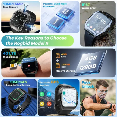 Vista 7 de Rogbid Model X Global 4G LTE SmartWatches - Teléfono para hombres con cámara dual de 13MP+5MP de cerámica con tarjeta SIM, monitor de sueño