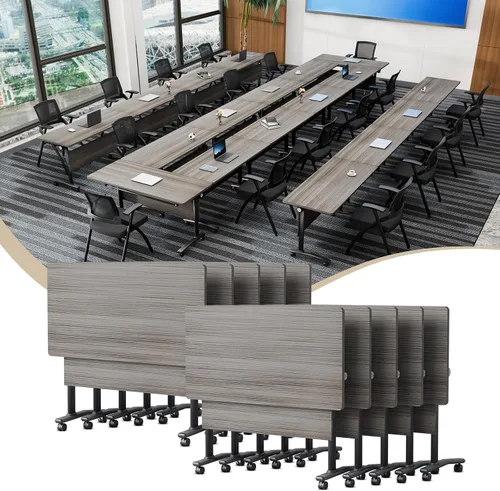 Vista 46 de Mesa de conferencias plegable con ruedas, mesa modular para sala de conferencias con 2 ojales para cables, mesas móviles de sala de reuniones