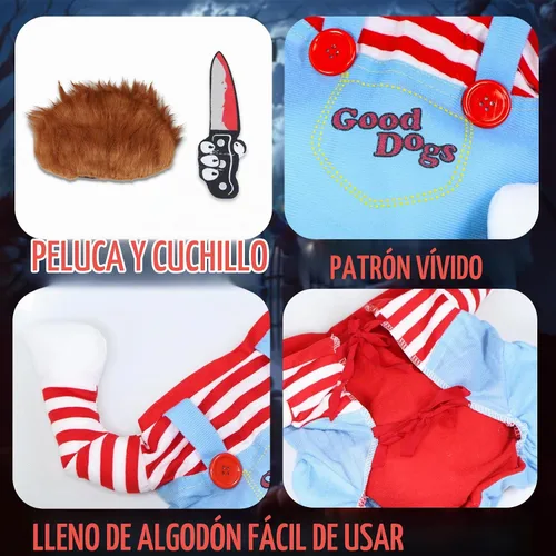 Vista 4 de GOYOSWA Disfraz de Halloween para perro, muñeca mortal para perro, disfraz divertido para perro, ropa de disfraz de Halloween para perros pequeños