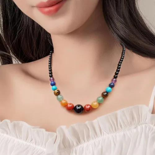 Vista 2 de Juego de collar y aretes de ágata negra de 7 chakras, collar de piedra natural, aretes de piedra de cristal curativo, Ágata negra, amatista púrpura