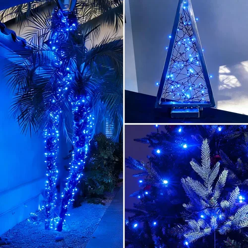 Vista 8 de QITONG Paquete de 2 tiras de luces solares azules para exteriores, impermeables, cada 33 pies, 100 luces LED de Navidad, 8 modos de cable verde