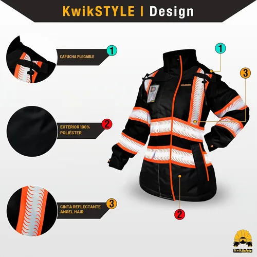 Vista 2 de KwikSafety BOMBTRESS Safety Bomber Jacket for Women ANSI OSHA Hi Vis PPE Negro + ribete naranja Mujer
