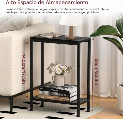 Vista 5 de Mesa auxiliar estrecha para espacios pequeños, mesa auxiliar delgada de 2 niveles, mesita de noche delgada, mesa de sofá delgada para aperitivos