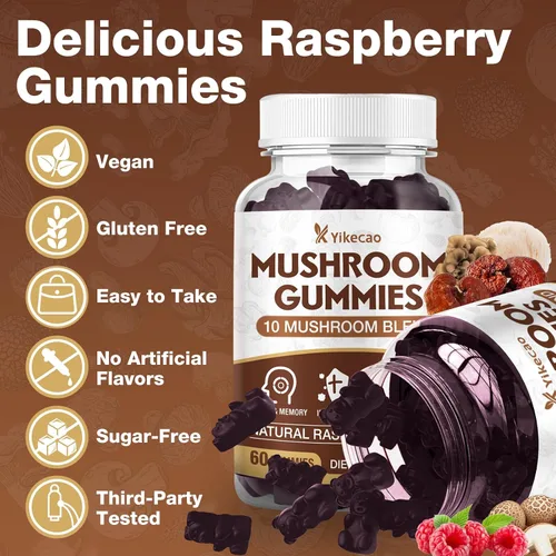 Vista 6 de Gomitas de hongos para adultos, suplemento de 10 mezclas de hongos con melena de león, cordyceps, reishi, chaga y cola de pavo para concentración