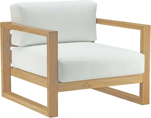 Vista 4 de Modway Upland - Juego de sofá modular de 3 piezas de madera de teca para patio al aire libre con cojines en blanco natural