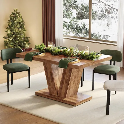 Vista 7 de LITTLE TREE Mesa de comedor de 47 pulgadas para 4, mesas de comedor modernas, mesa de cocina rectangular marrón con pedestal en forma de V, mesa