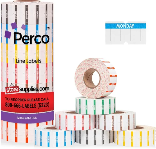 Vista 10 de Perco 1 línea de impresión inversa morada en etiquetas blancas de panadería, 8,000 etiquetas para pistolas Perco Lite, X, Plus y Pro, con diseño a