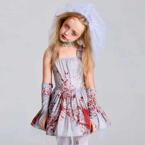 Vista 4 de HUYMHTER Disfraz de novia fantasma para niñas, vampiro, zombi, novia, cosplay, tutú para niños, vestido gótico sangriento para Halloween, cosplay
