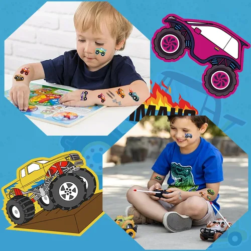 Vista 4 de 150 tatuajes temporales precortados de Monster Truck Race Car para niños Recuerdos de fiesta de cumpleaños temáticos súper lindos, suministros