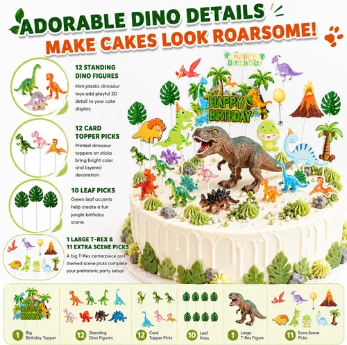 Vista 2 de Decoraciones de cumpleaños de dinosaurios, adornos de pastel de dinosaurio con árboles de huevos para fiesta de cumpleaños, fiesta temática