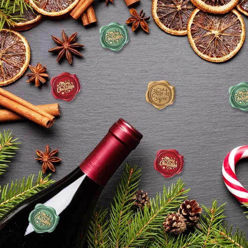 Vista 6 de Whaline 60 calcomanías de sello de cera de Navidad – rojo, verde, dorado – 3D vintage autoadhesivo en relieve para Navidad, tarjetas de invitación