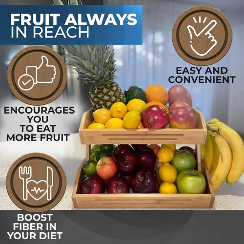 Vista 3 de Cesta de frutas de bambú de 2 niveles para encimera de cocina con ganchos para colgar plátanos, soporte de fruta de madera para encimera de cocina