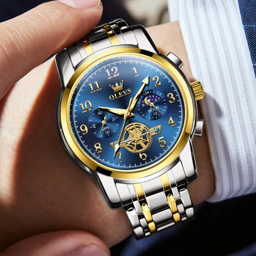 Vista 4 de OUPINKE Reloj para hombre analógico de cuarzo de acero inoxidable, impermeable, luminoso, fase lunar, cronógrafo, vestido de negocios de lujo