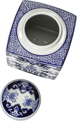 Vista 5 de Creative Co-Op - Tarro decorativo cuadrado de cerámica de jengibre con tapa para espacios pequeños, azul y blanco
