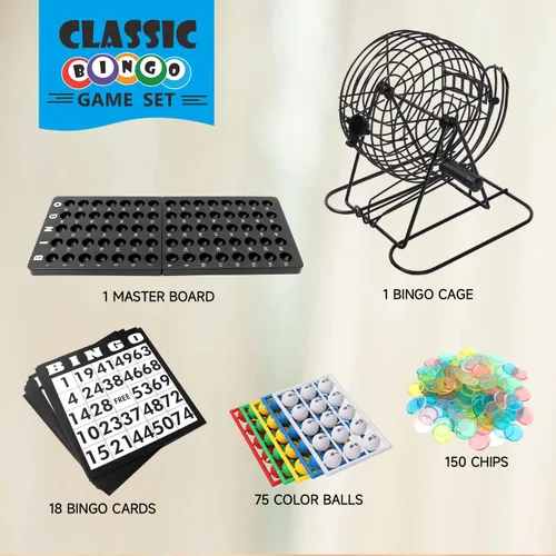 Vista 3 de GSE Games & Sports Expert Juego de bingo de lujo con jaula de acero, tablero maestro, 75 bolas, 150 fichas, 18 tarjetas de bingo para fiestas