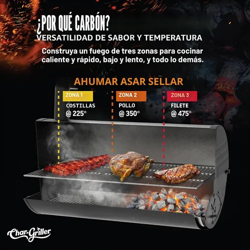 Vista 8 de Char-Griller® Parrilla de barril de carbón Pro Deluxe, bandeja de cenizas EasyDump™, estantes delanteros y laterales de alta calidad con ganchos
