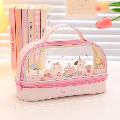 Vista 2 de JHTPSLR Estuche para lápices Kawaii grande con correa de doble capa, transparente, impermeable, lindo estuche para lápices, bolsas para bolígrafos