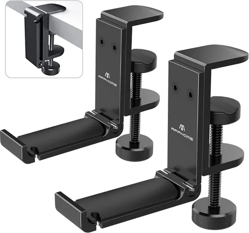 Vista 10 de Soporte plegable para auriculares debajo del escritorio, gancho de metal para auriculares para escritorio con organizador de cables, gancho