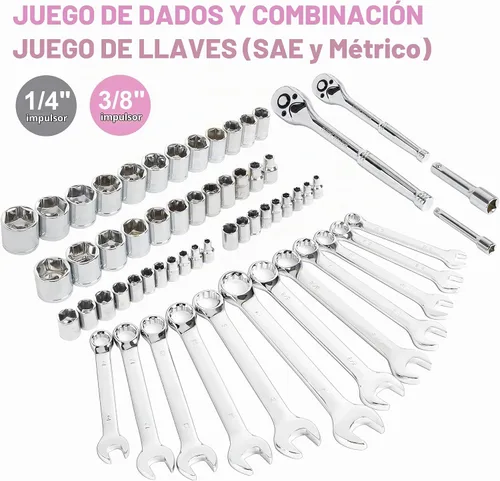 Vista 5 de FASTPRO Juego de herramientas rosa de 225 piezas, juego de herramientas manuales de mecánica SAE y métricas con caja de herramientas, kit