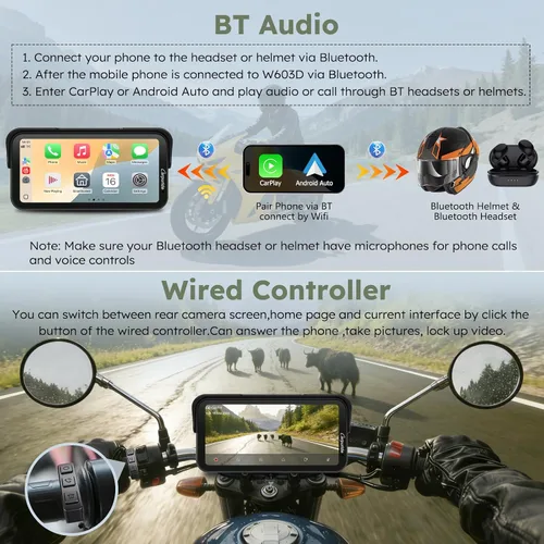 Vista 5 de Carpuride W603DT 6.3" motocicleta CarPlay pantalla Android Auto TPMS Dash