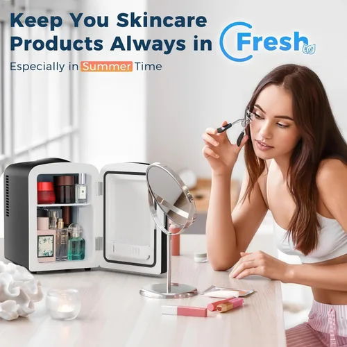 Vista 3 de Antarctic Star Mini refrigerador de maquillaje 4L con espejo para dormitorio, automóvil, oficina y dormitorio, enfriador pequeño portátil