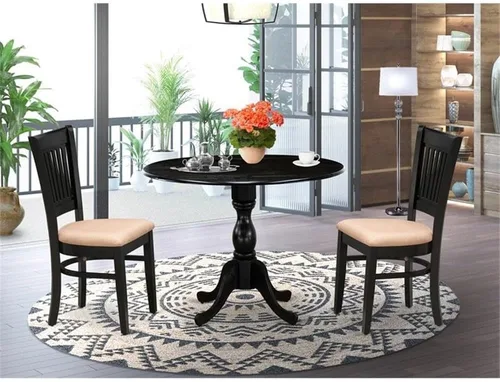 Vista 2 de East West Furniture DMVA3-BLK-C - Juego de mesa y sillas de cocina de 3 piezas contiene una mesa de comedor redonda con gotas y 2 sillas tapizadas