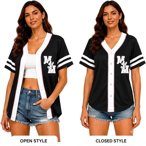 Vista 3 de Womens Baseball Jersey - Short Sleeve Button Down Graphic Tees for Women Béisbol Minnie Negro
