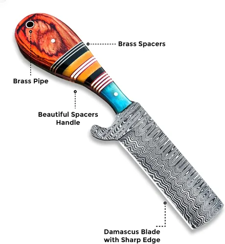 Vista 2 de Cuchillo de caza de Damasco hecho a mano, cuchillo de hoja fija de 8 pulgadas con funda, cuchillo de vaquero de espiga completa, cuchillo de Multi
