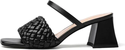 Vista 2 de Eldof Sandalias trenzadas cuadradas para mujer, puntera abierta, sin cordones, tacón de bloque, pantuflas tejidas de dos correas de tacón grueso