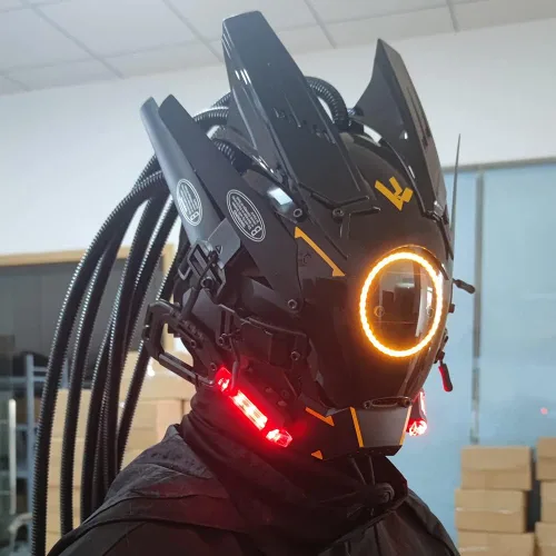 Vista 3 de KYEDAY Máscara punk para cosplay para hombres, luz redonda con trenzas, máscara para cosplay, Halloween, fiesta, festival de música, accesorios