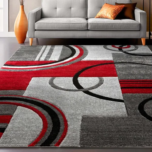 Vista 9 de Alfombra de felpa con círculos geométricos grises y rojos de Well Woven - Galaxy Waves (60010), Poliéster & Mezcla de poliéster