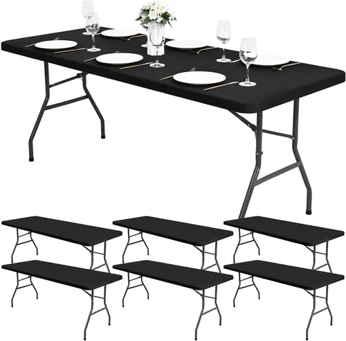 Vista 20 de Paquete de 6 fundas de tela elástica para mesa, color beige, para mesas de 8 pies, protector de mantel rectangular universal lavable y elástico