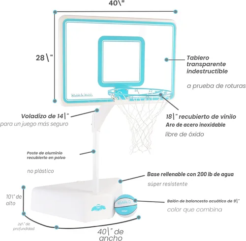 Vista 7 de Dunn-Rite Splash & Shoot, aro de baloncesto ajustable para piscina al aire libre con altura variable, pelota, base y borde de acero inoxidable de 18