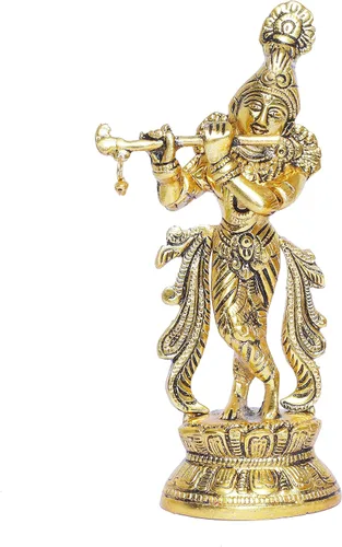 Vista 4 de KridayKraft Lord Krishna Estatua de metal, Krishna Murti tocando la flauta para Temple Pooja, decora tu hogar, oficina y regalo a tus familiares