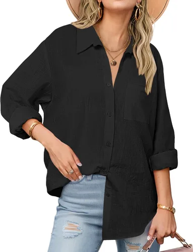 Vista 25 de Zeagoo - Blusas de lino con botones para mujer, de gasa, algodón, manga larga, blusas informales con cuello, corte holgado
