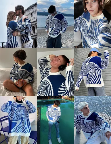 Vista 7 de ZAFUL Y2K - Suéter casual con estampado de llama estética para hombre, suéter de punto holgado, manga larga, cuello redondo