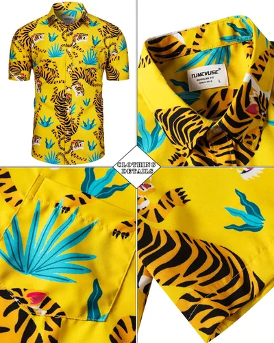 Vista 133 de TUNEVUSE Conjunto de camisas y pantalones cortos hawaianos para hombre, 2 piezas, trajes de playa con estampado de flores, traje tropical de verano