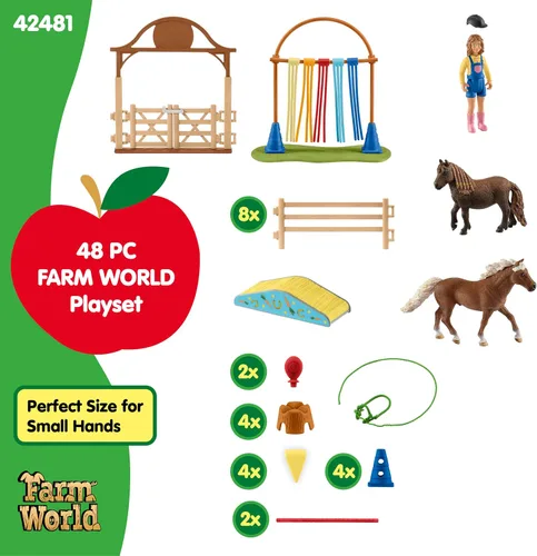 Vista 5 de Schleich Farm World - Juego de entrenamiento de agilidad de poni con caballo, entrenador y accesorios, juego de 41 piezas de poni, entrenador