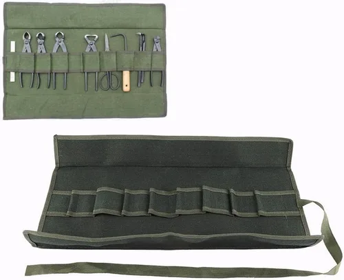 Vista 2 de Bolsa de herramientas de jardín, organizador de almacenamiento multifuncional portátil para jardinería, bonsái, lona verde, 10 bolsillos, 23.6 x