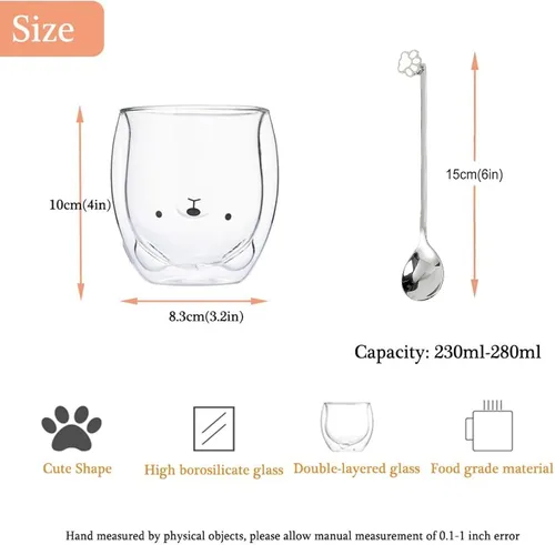 Vista 6 de Binoster Tazas Lindas de Oso Kawaii de Vidrio de Doble Pared para Café y Té, Taza de Yogur Divertida, Regalo Novedoso para Mujeres, Sus Amigas
