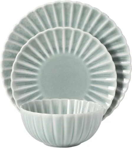 Vista 9 de Gibson Elite Peach Orchard - Juego de vajilla de porcelana de hueso de 12 piezas para 4, platos y cuencos estriados en relieve, apto